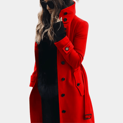 Belted Quilted Trench Jacket with Lapel Collar in Red