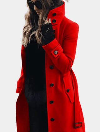 Belted Quilted Trench Jacket with Lapel Collar in Red
