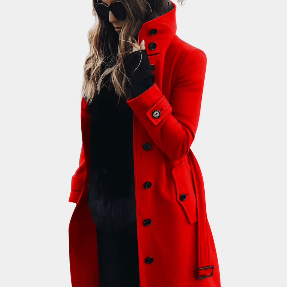Belted Quilted Trench Jacket with Lapel Collar in Red