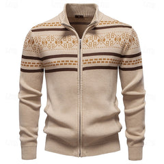 Alistair | Classic Fair Isle Cardigan with Stand Collar - Khaki