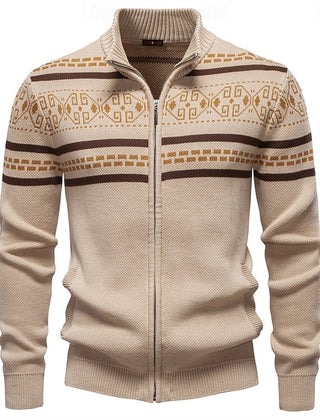Alistair | Classic Fair Isle Cardigan with Stand Collar - Khaki