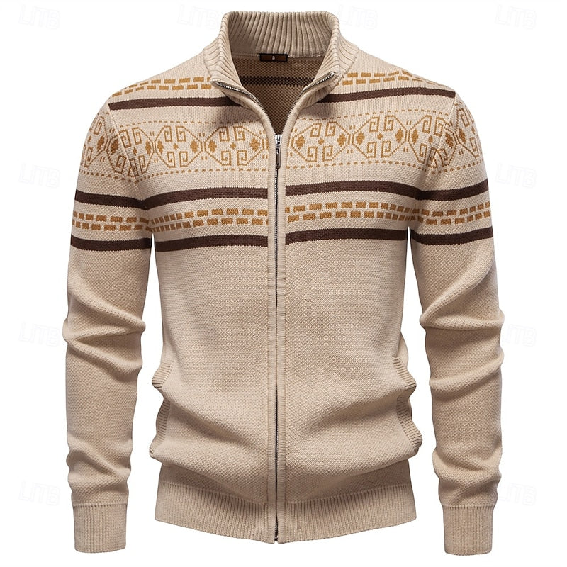 Alistair | Classic Fair Isle Cardigan with Stand Collar - Khaki