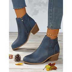 Tilly | Cutout Low Heel Ankle Boots with Side Zip - Blue