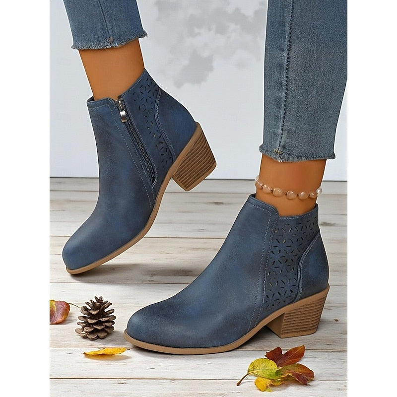 Martha | Perforated Ankle Boots with Stacked Block Heel