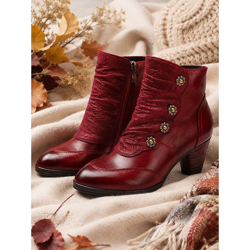 Wilhelmina | Ruched Block Heel Ankle Boots with Floral Buttons