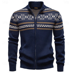 Alistair | Classic Fair Isle Cardigan with Stand Collar - Navy Blue