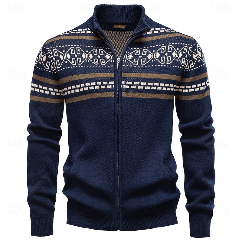 Alistair | Classic Fair Isle Cardigan with Stand Collar - Navy Blue